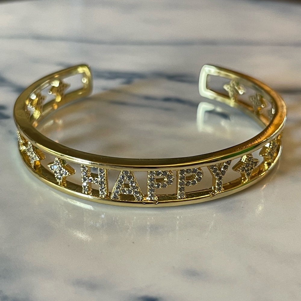 Stunning 18k Gold Filled Micro-Paved Cubic Zirconia Happy Bracelet Cuff- New